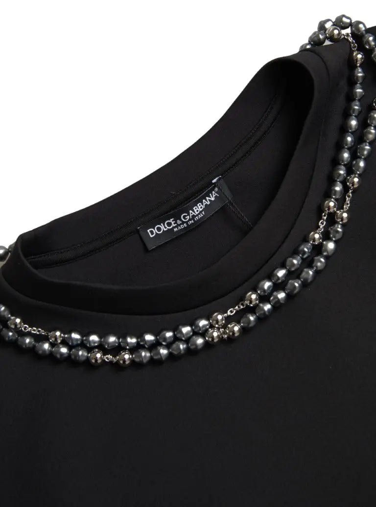 Dolce & gabbana t-shirt noir en polyester orné d’un collier multi-rangs de perles argentées et accents métalliques