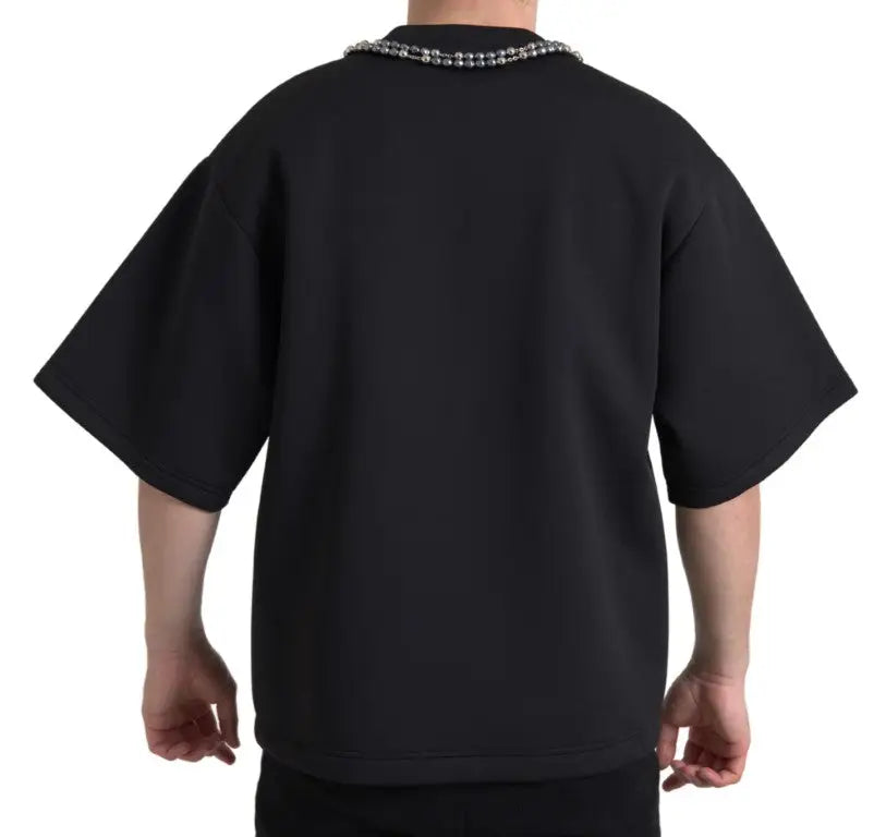 Dolce & gabbana t-shirt noir oversize en polyester avec col orné de perles argentées