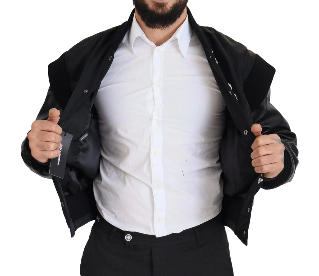 Dolce & gabbana veste noire en nylon avec boutons cristal et col structuré en cuir noir bomber