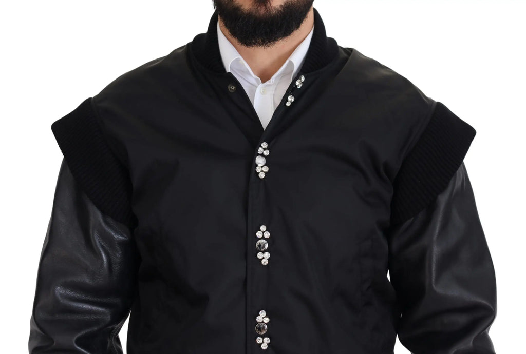 Veste dolce & gabbana en nylon noir avec manches en simili cuir et boutons en cristal argentés décoratifs