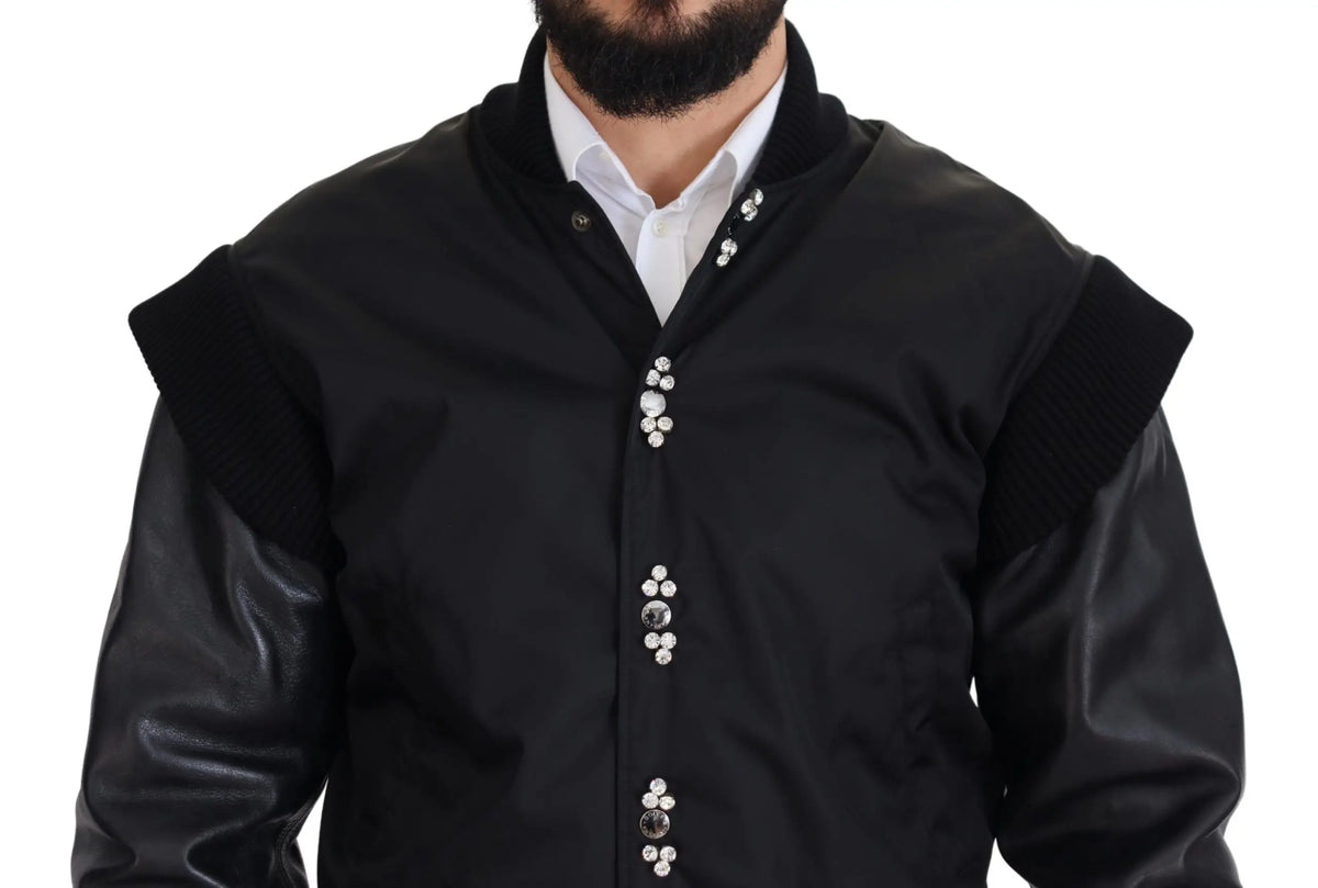 Veste dolce & gabbana en nylon noir avec manches en simili cuir et boutons en cristal argentés décoratifs