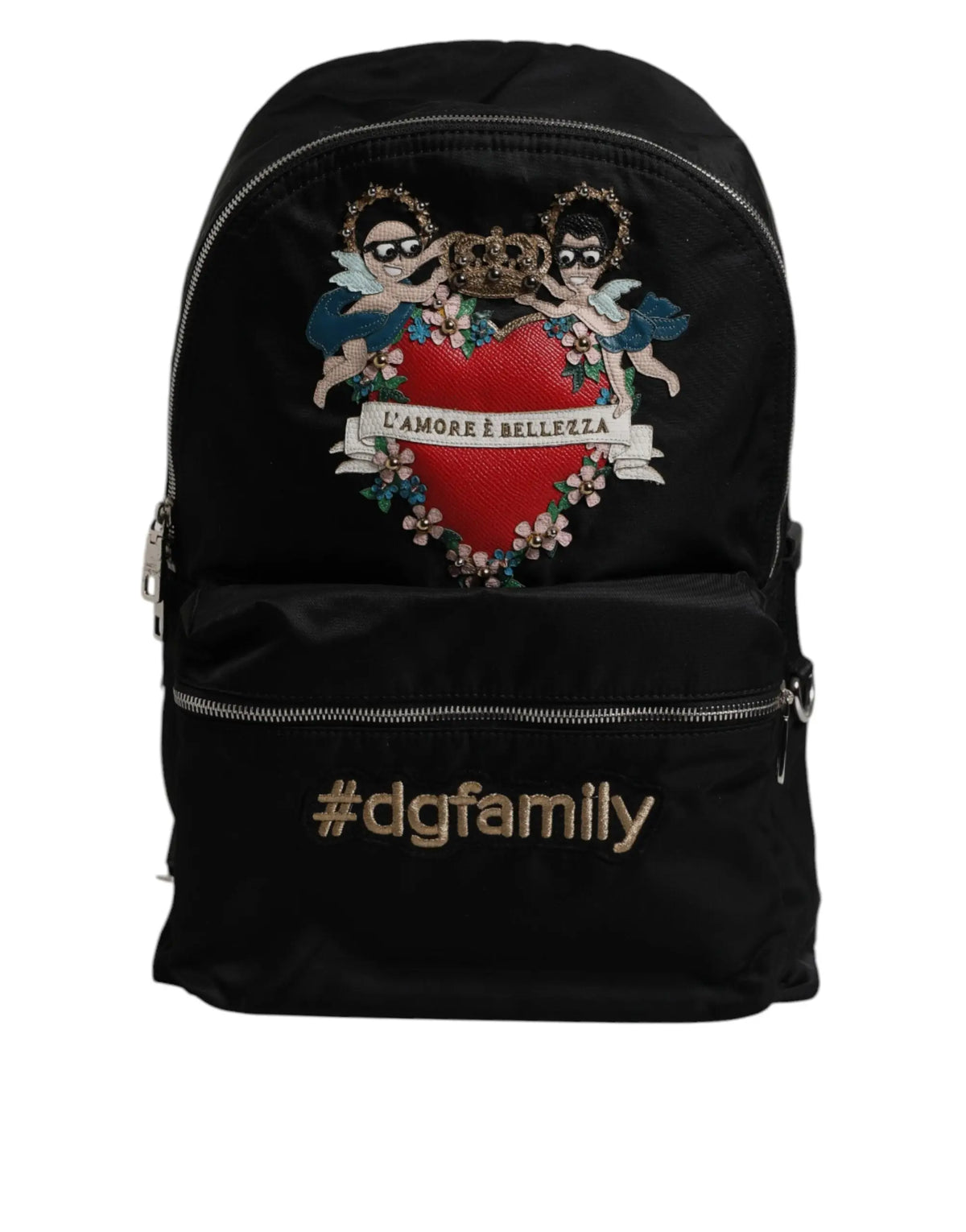 Sac à dos en nylon noir dolce & gabbana vulcano avec broderie cœur rouge, chérubins, couronne et couture dorée
