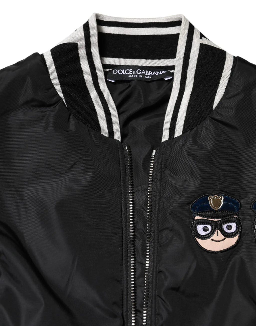 Dolce & gabbana black nylon full zip bomber jacket with white striped collar and cartoon police officer patch