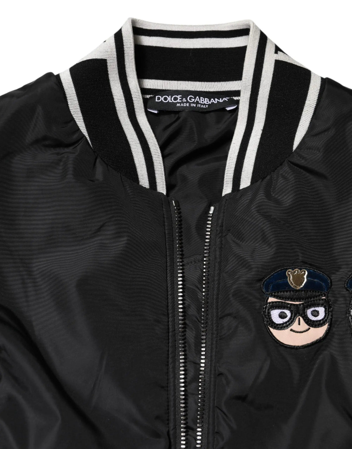 Dolce & gabbana black nylon full zip bomber jacket with white striped collar and cartoon police officer patch