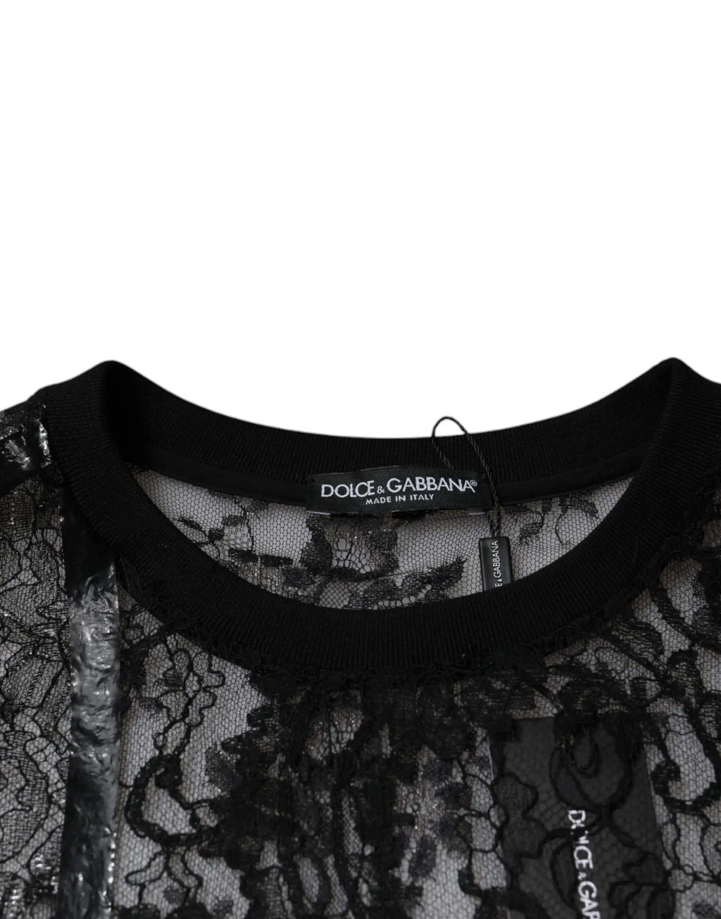 Black nylon floral lace crew neck t shirt by dolce & gabbana with sheer intricate floral patterns and ribbed neckline