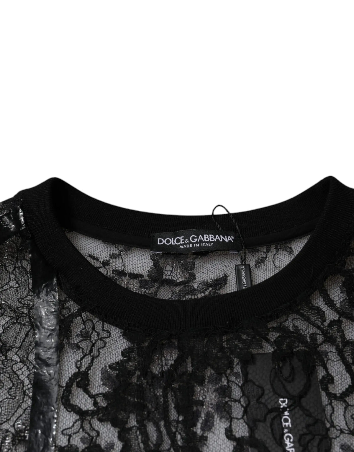 Black nylon floral lace crew neck t shirt by dolce & gabbana with sheer intricate floral patterns and ribbed neckline
