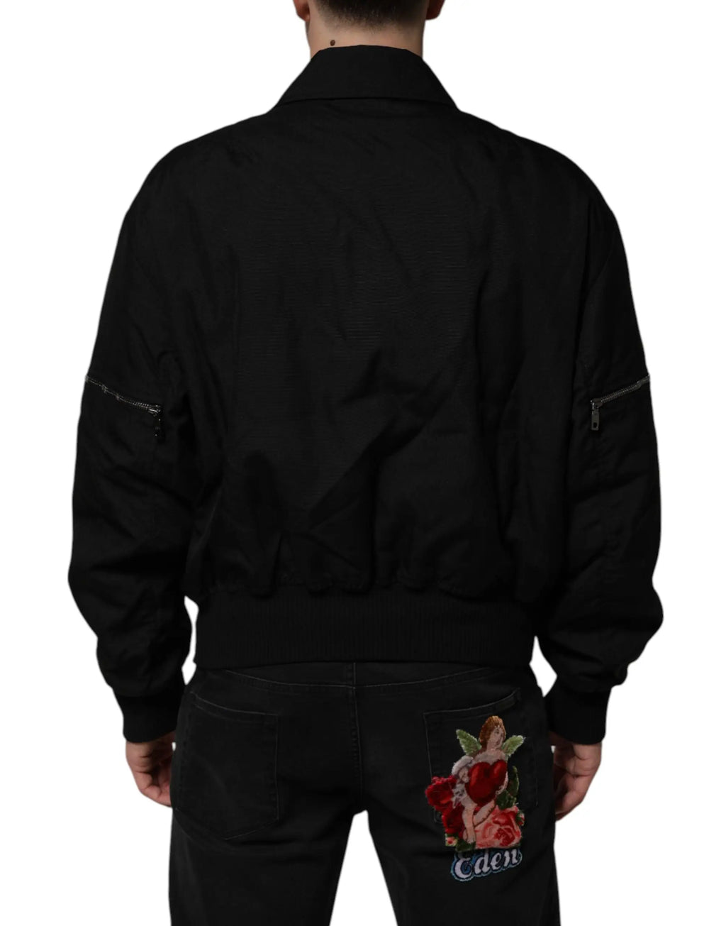 Vue arrière de la veste bomber dolce & gabbana noire en nylon avec patch brodé ange et rose