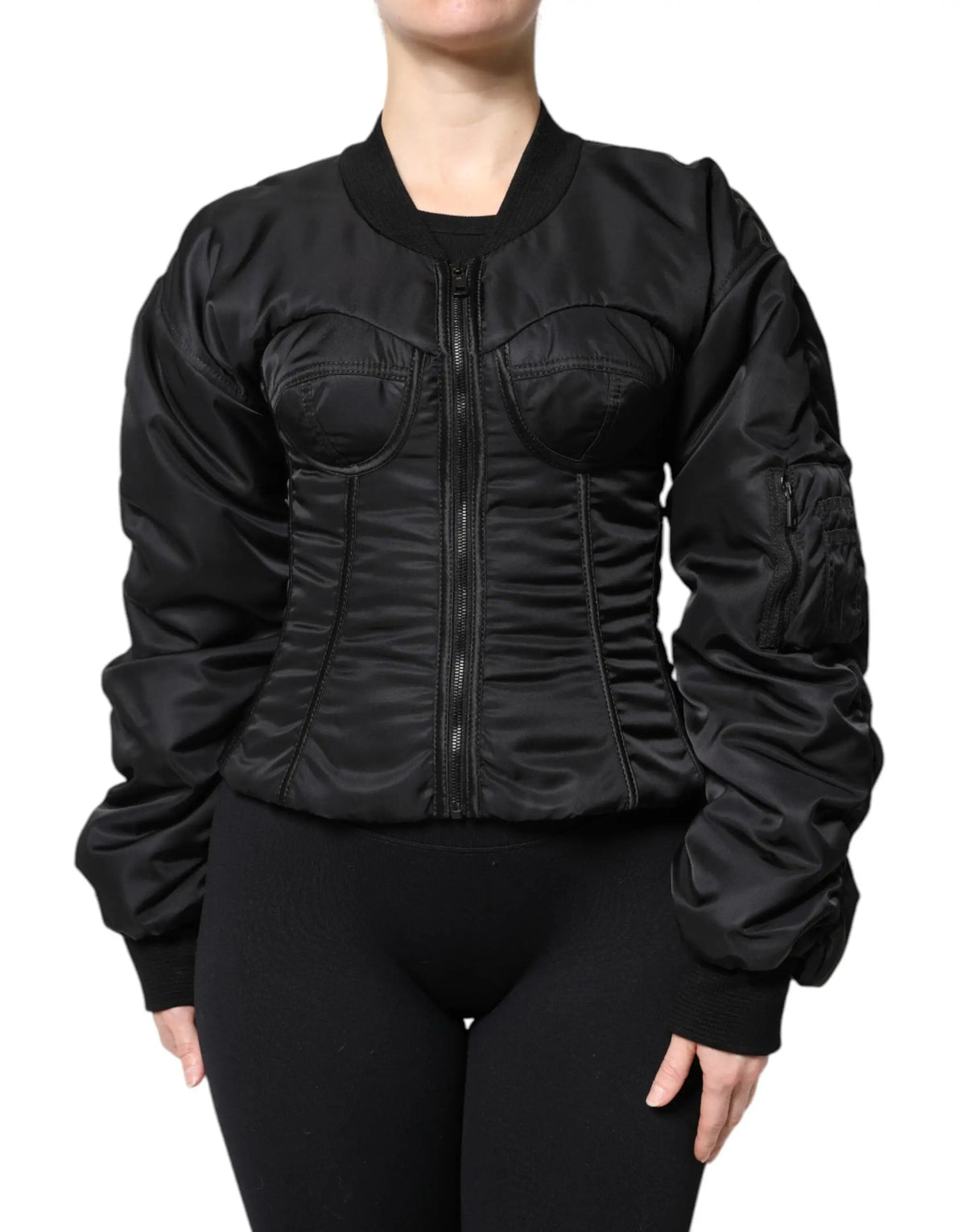 Dolce & Gabbana veste bomber en satin noir avec corset à fermeture éclair en nylon et détails côtelés