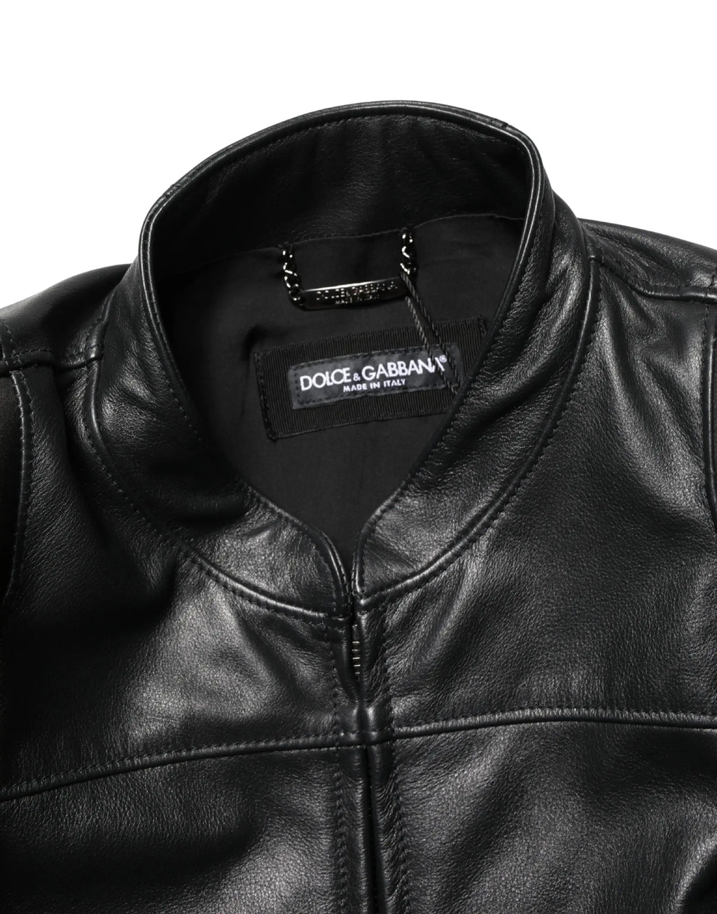 Veste en cuir noir dolce & gabbana pour homme avec finition brillante et col classique style biker en nylon complet zippé