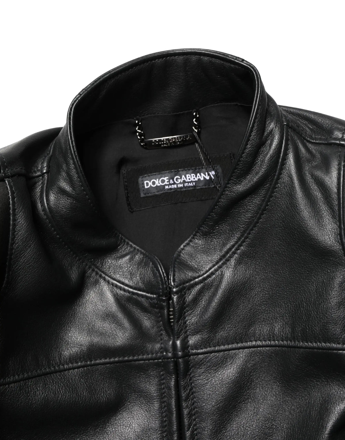 Veste en cuir noir dolce & gabbana pour homme avec finition brillante et col classique style biker en nylon complet zippé