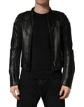 Dolce & gabbana veste moto homme en cuir noir avec fermeture éclair intégrale et couture discrète en nylon