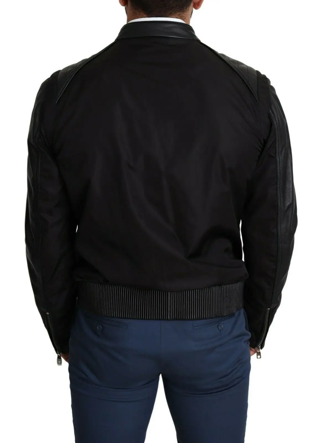 Dolce & gabbana bomber noir en nylon pour homme avec panneaux en cuir aux épaules et ceinture côtelée