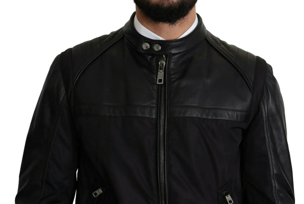 Dolce & gabbana bomber noir en cuir avec col haut et fermeture éclair argentée pour homme