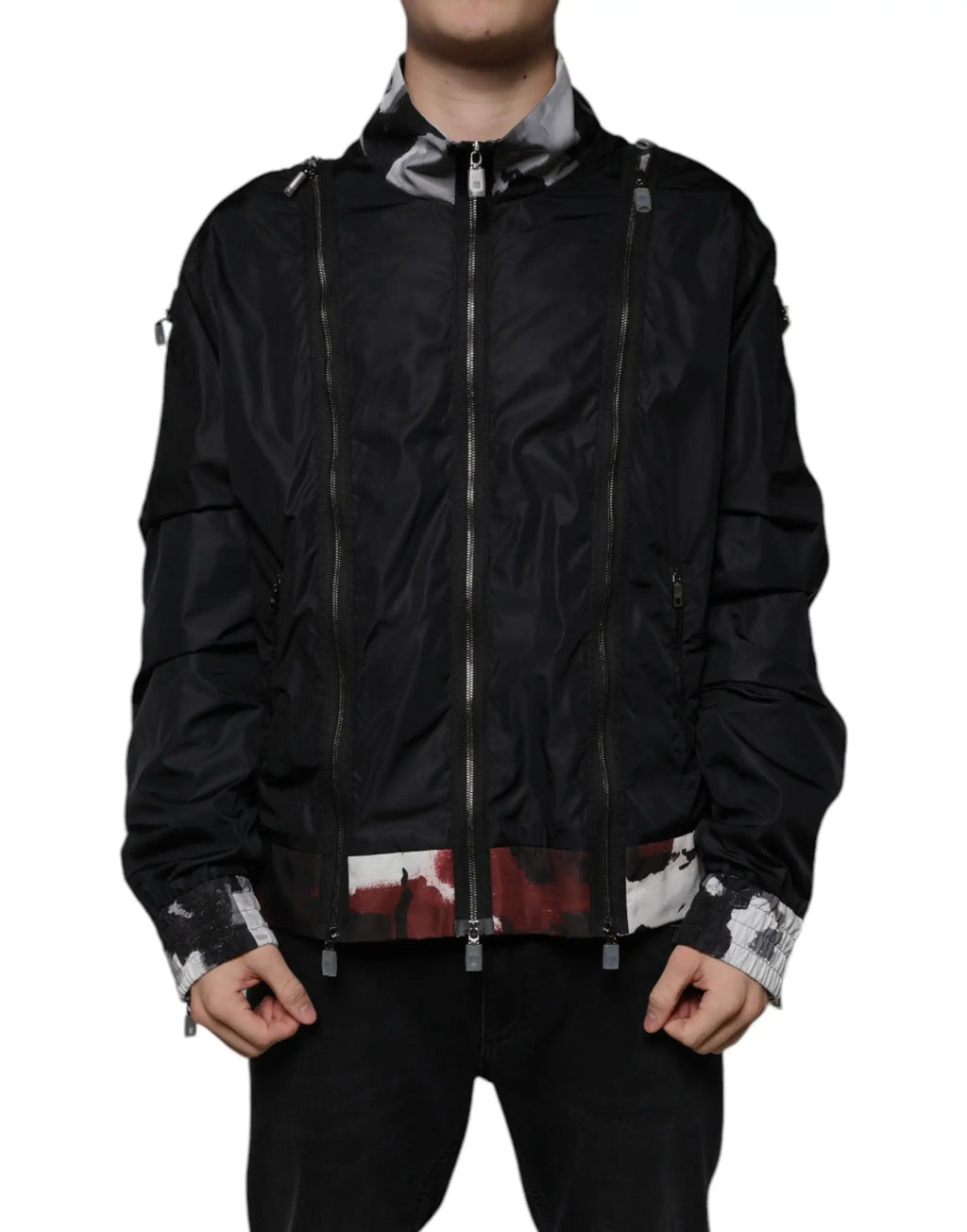Dolce & gabbana bomber noir en nylon pour homme avec fermeture éclair argentée et motif abstrait rouge blanc noir aux poignets et bas