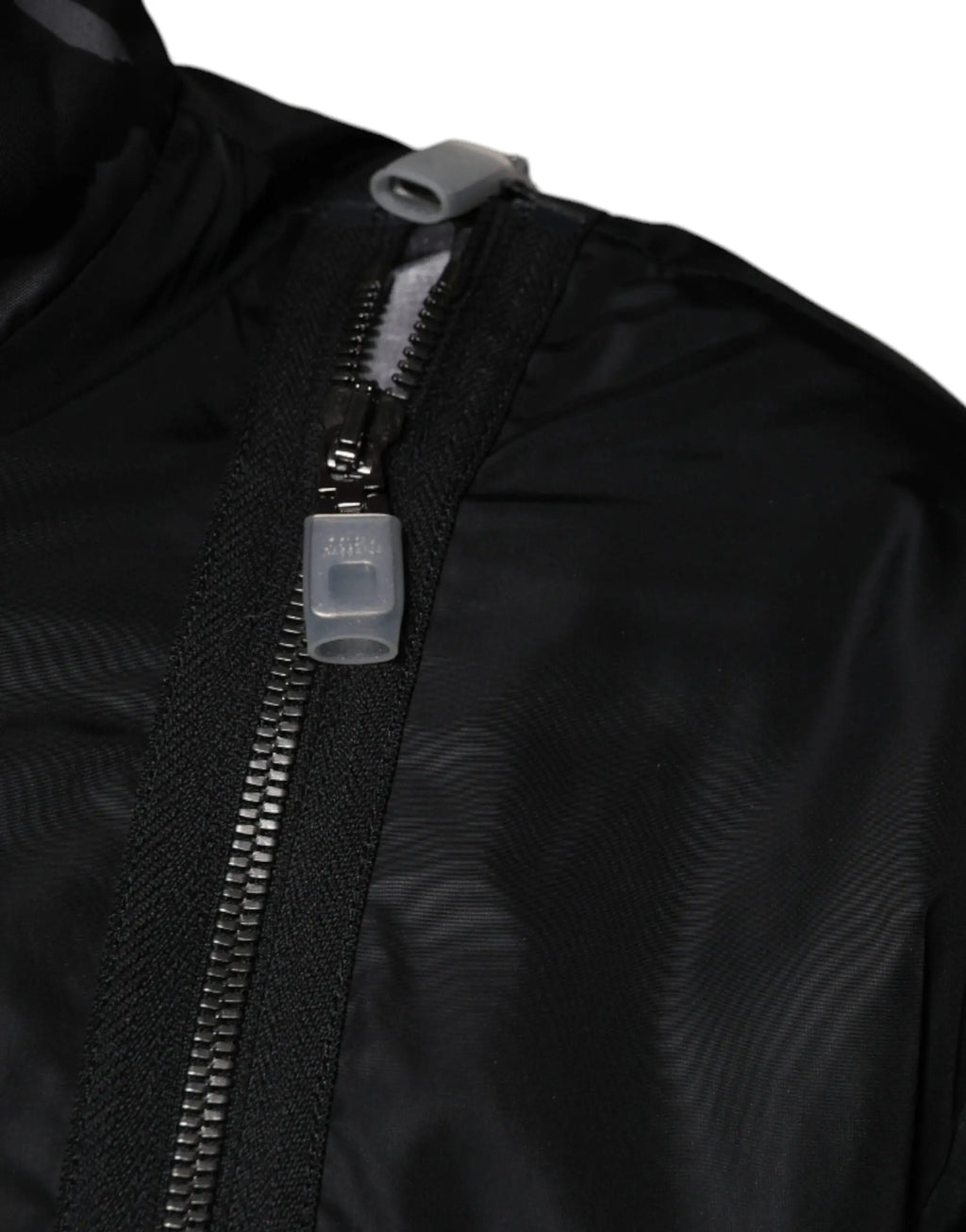 Fermeture éclair en nylon noir avec tirette en plastique transparent et curseur gris sur veste bomber homme dolce & gabbana
