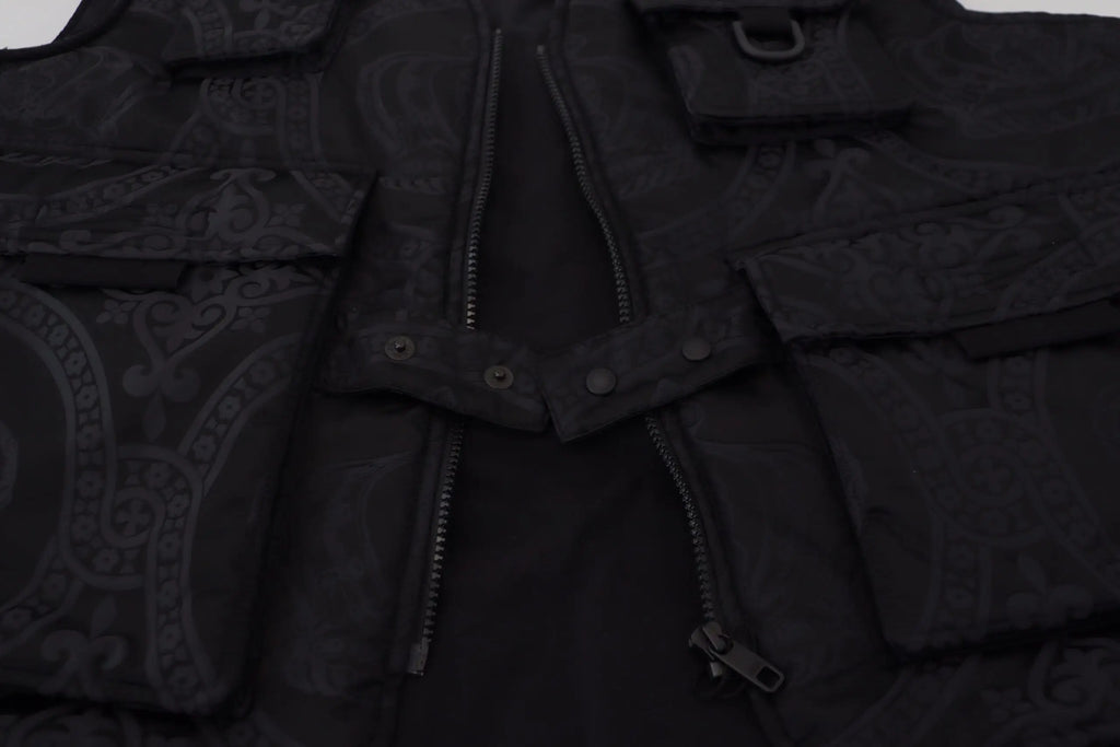 Dolce & gabbana veste utilitaire noire en nylon avec tissu à motifs foncés et multiples poches zippées