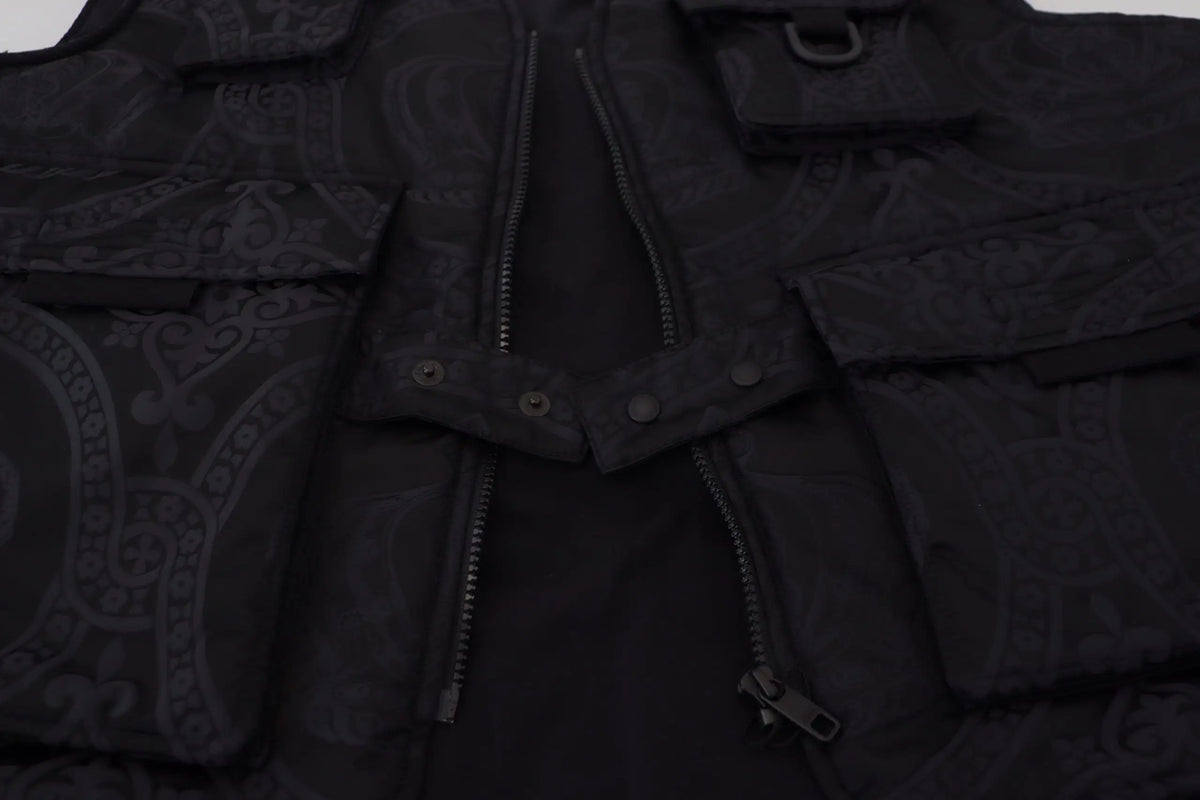 Dolce & gabbana veste utilitaire noire en nylon avec tissu à motifs foncés et multiples poches zippées
