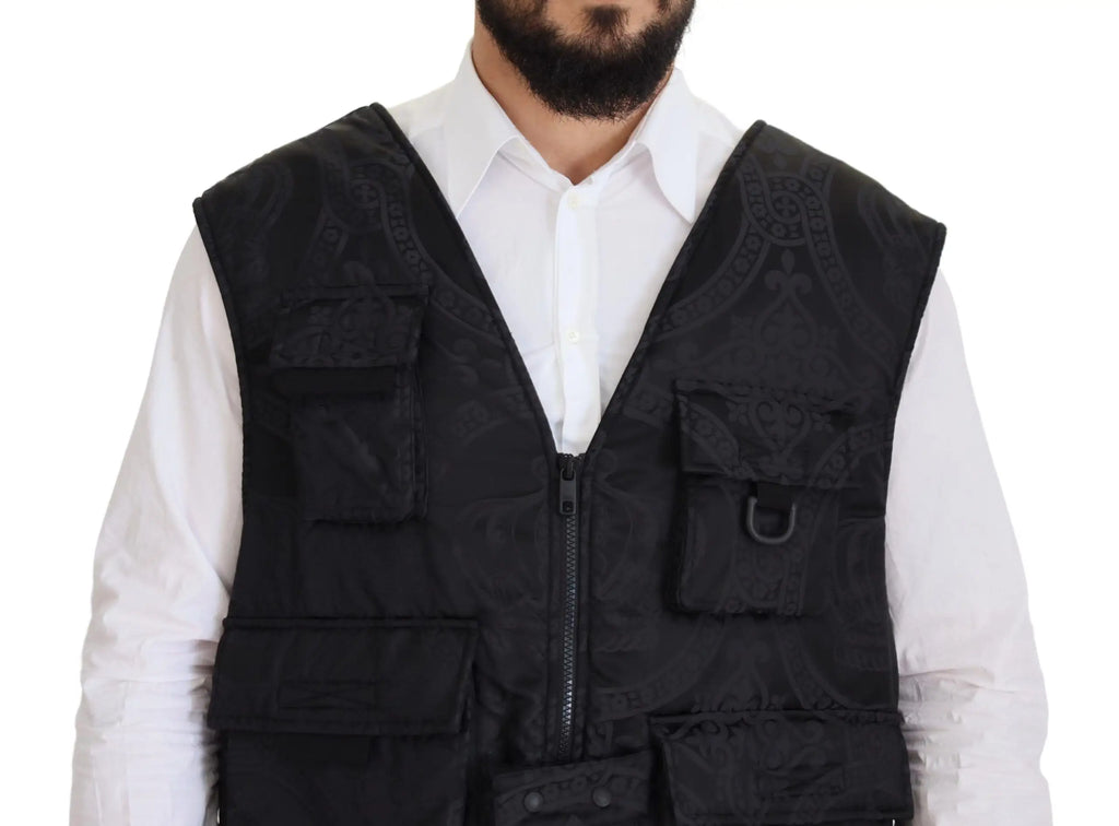 Dolce & gabbana veste utilitaire noire en nylon sans manches avec fermeture éclair complète et poches multiples brodées