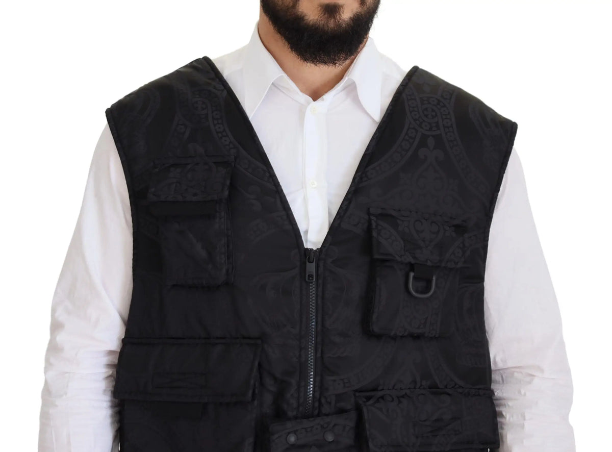 Dolce & gabbana veste utilitaire noire en nylon sans manches avec fermeture éclair complète et poches multiples brodées