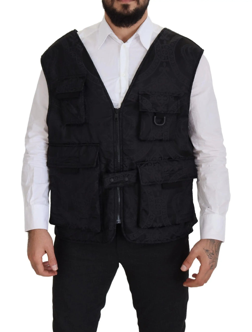 Dolce & Gabbana veste utilitaire noire en nylon avec fermeture éclair complète et poches multiples en tissu durable