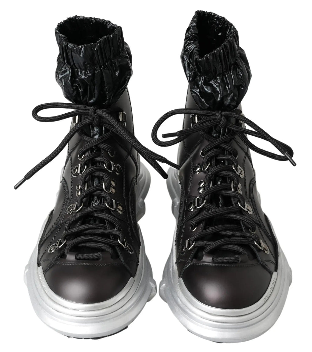 Dolce & gabbana black nylon galileo high top sneakers with glossy black finish and silver metallic soles