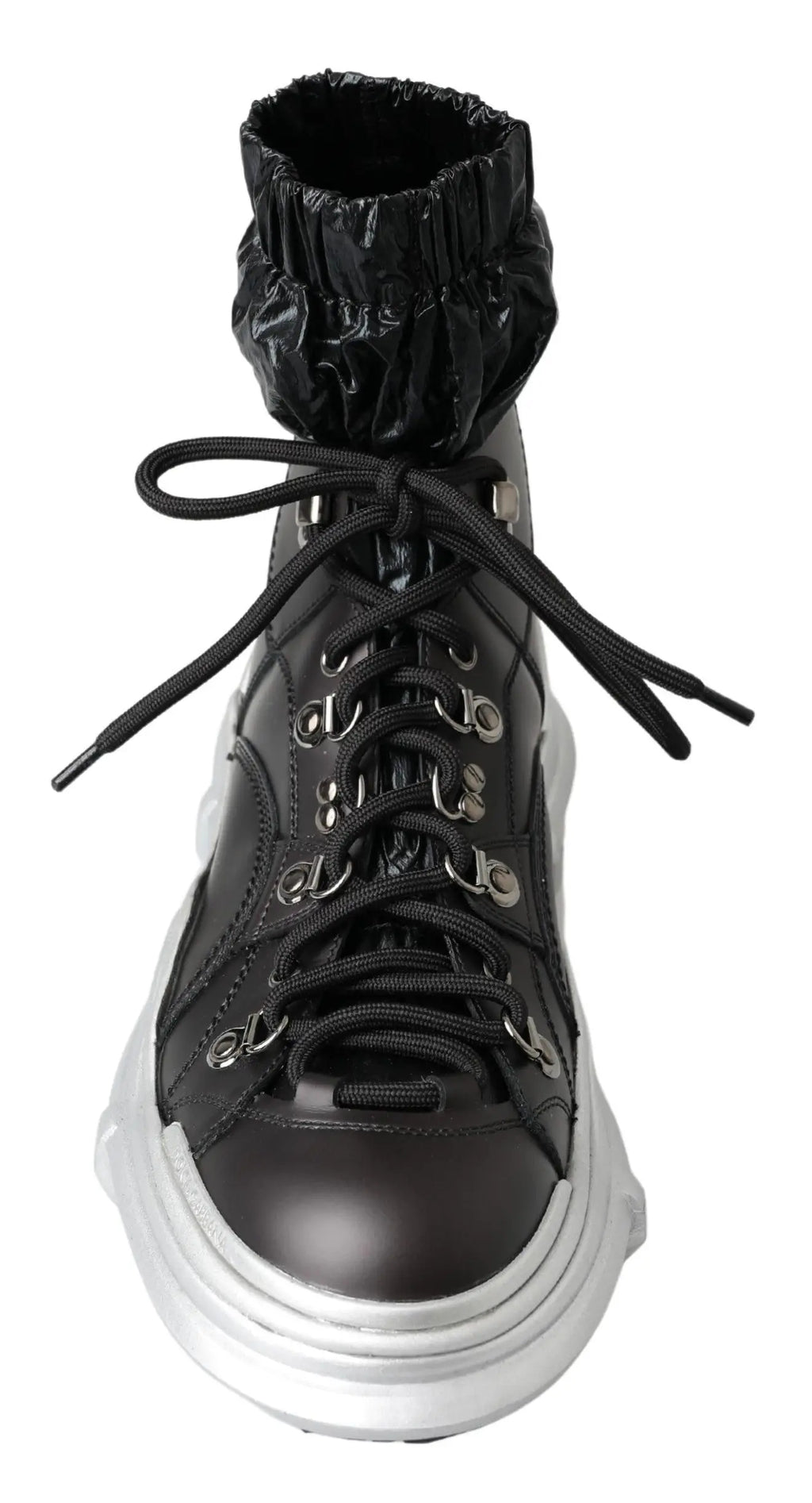Dolce & gabbana baskets montantes noirs en nylon avec finition brillante œillets argentés lacets et semelle blanche épaisse