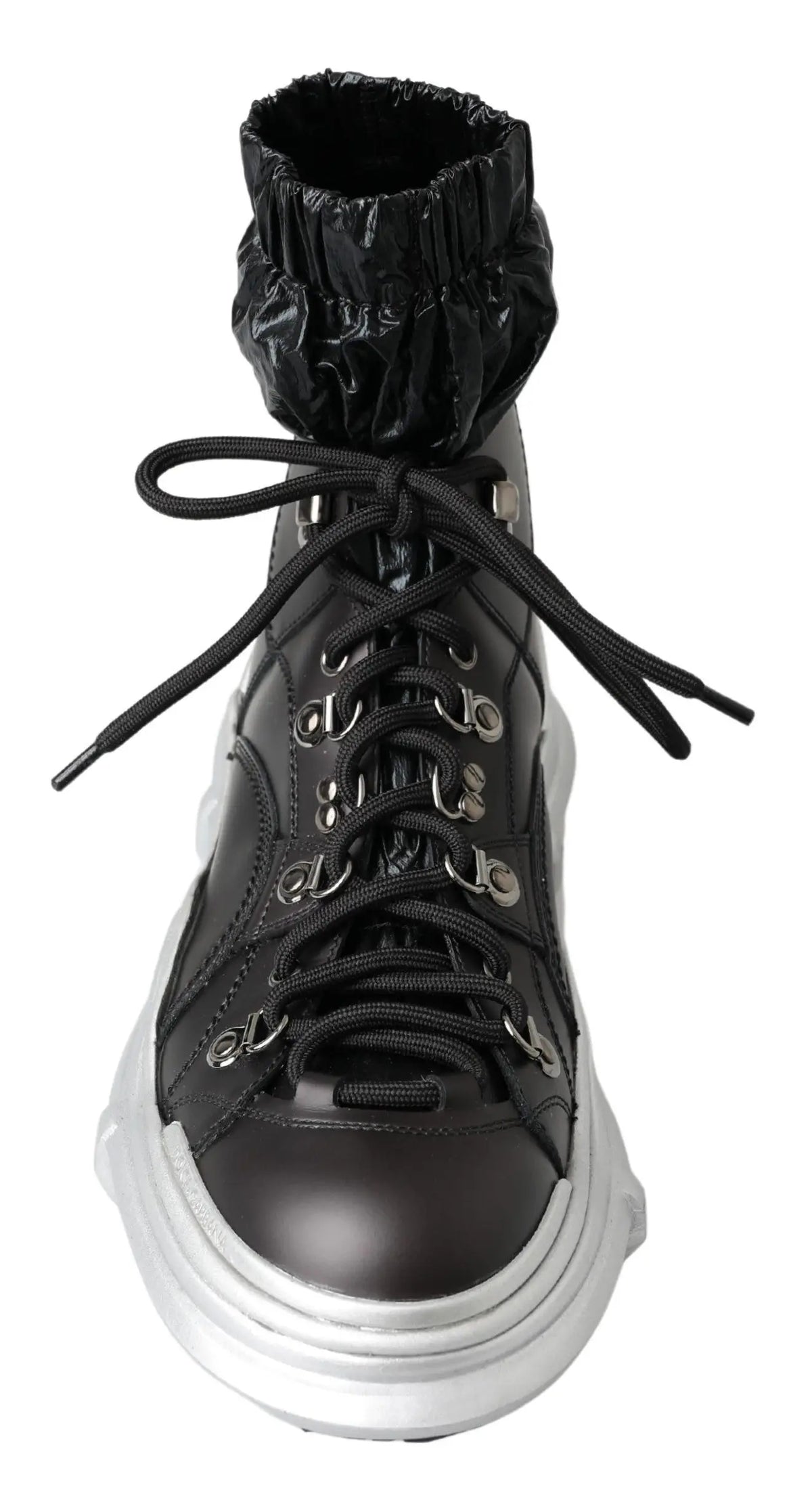 Dolce & gabbana baskets montantes noirs en nylon avec finition brillante œillets argentés lacets et semelle blanche épaisse