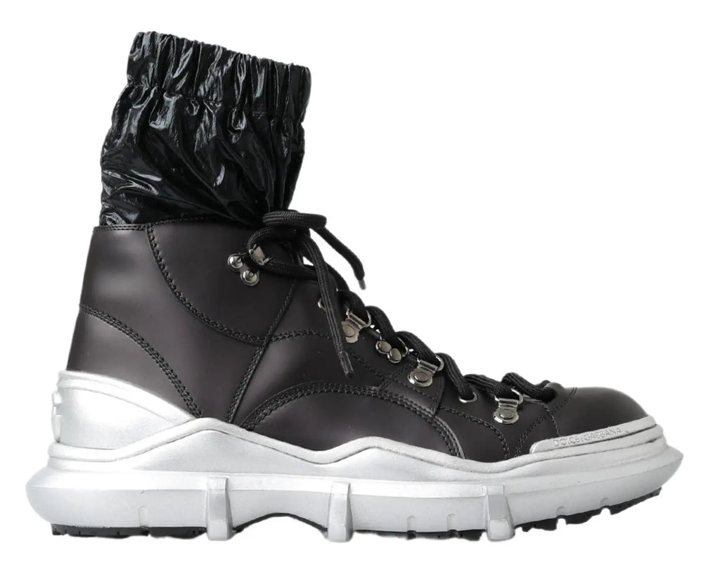 Dolce & Gabbana black nylon high top sneakers with black leather, shiny elasticated cuff, and silver metal eyelets