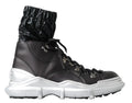 Dolce & Gabbana black nylon high top sneakers with black leather, shiny elasticated cuff, and silver metal eyelets