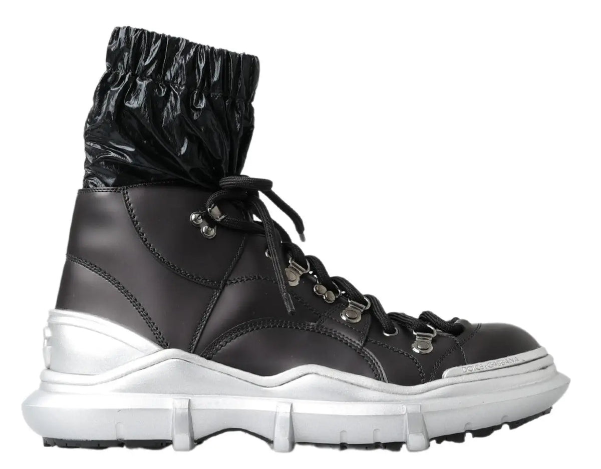 Dolce & Gabbana black nylon high top sneakers with black leather, shiny elasticated cuff, and silver metal eyelets