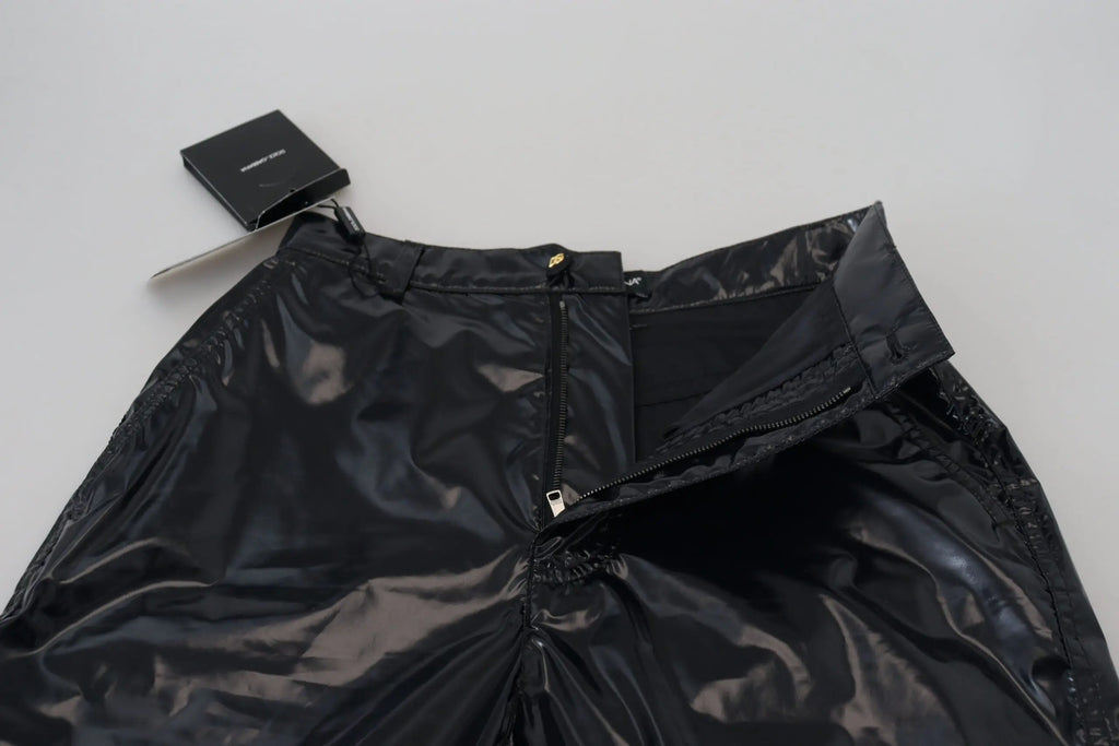 Pantalon skinny noir en nylon dolce & gabbana taille haute avec fermeture éclair et détails dorés en cuir verni noir