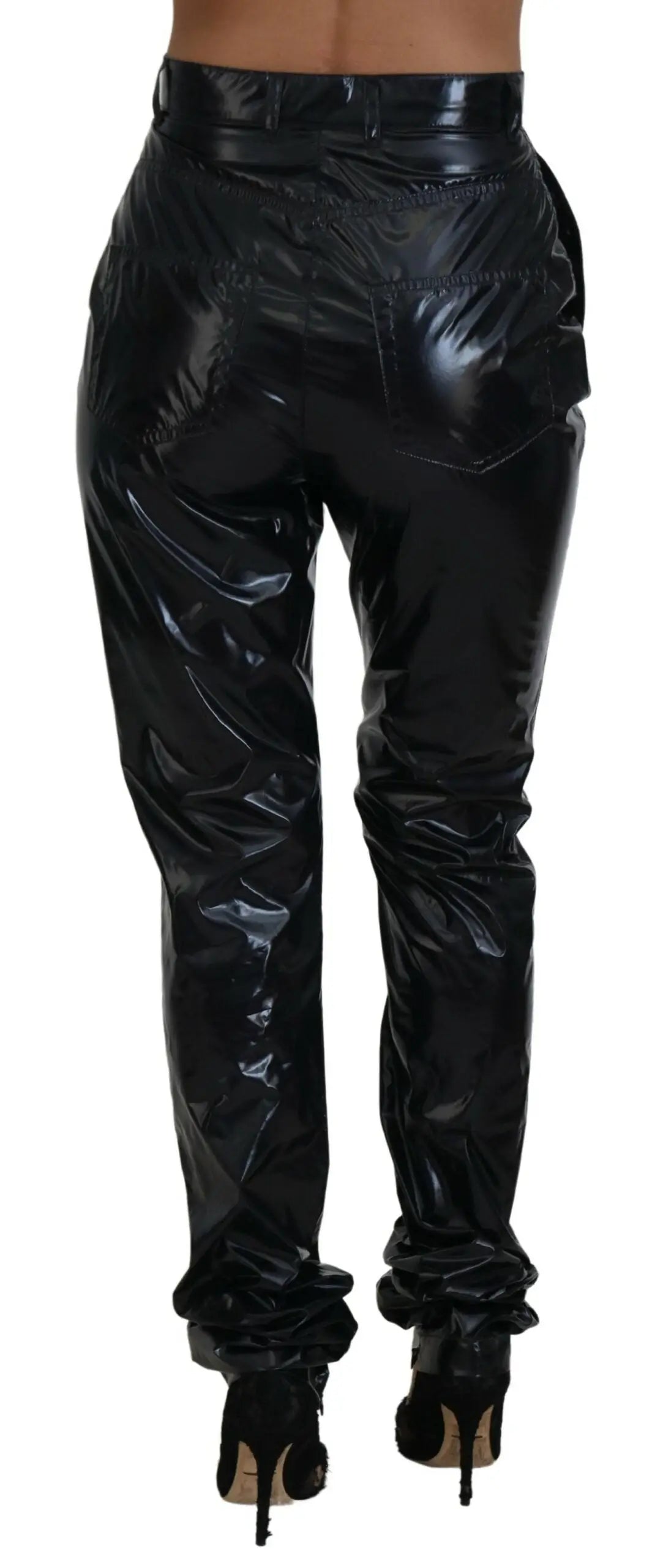 Pantalon skinny taille haute en nylon noir dolce & gabbana avec finition vernie et poignets froncés
