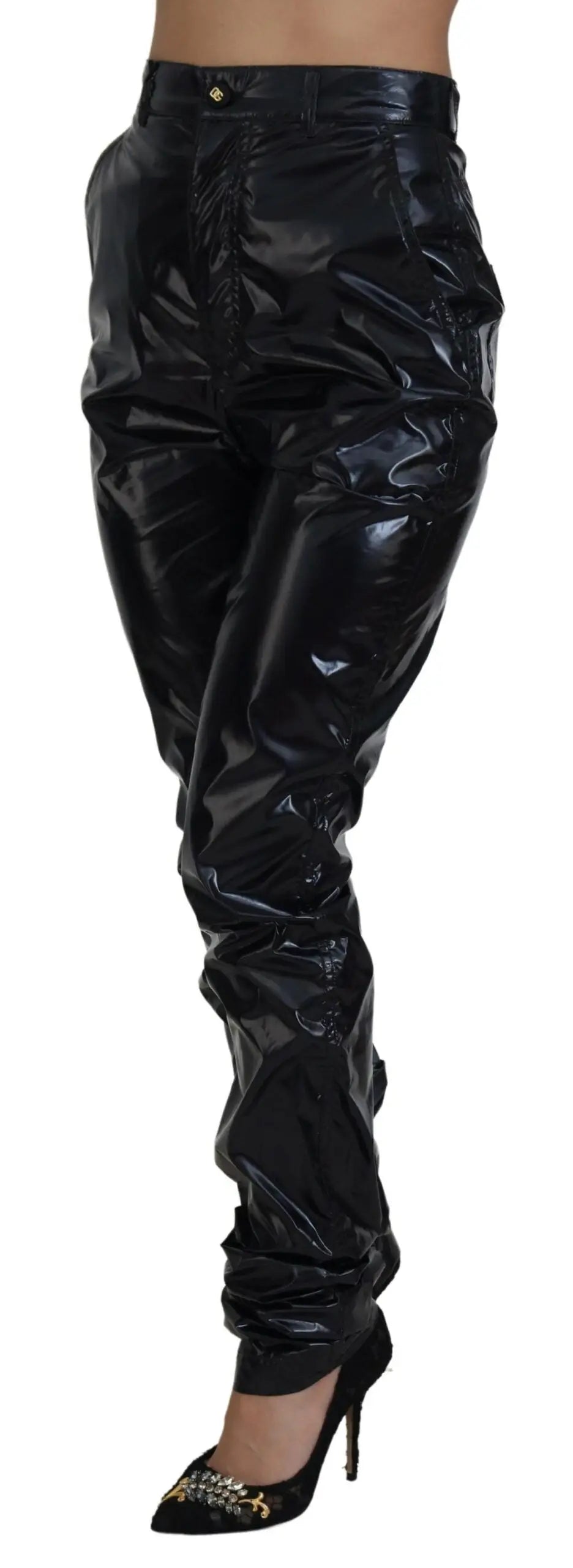 Dolce & gabbana pantalon skinny en nylon noir taille haute avec finition brillante et poignets froncés