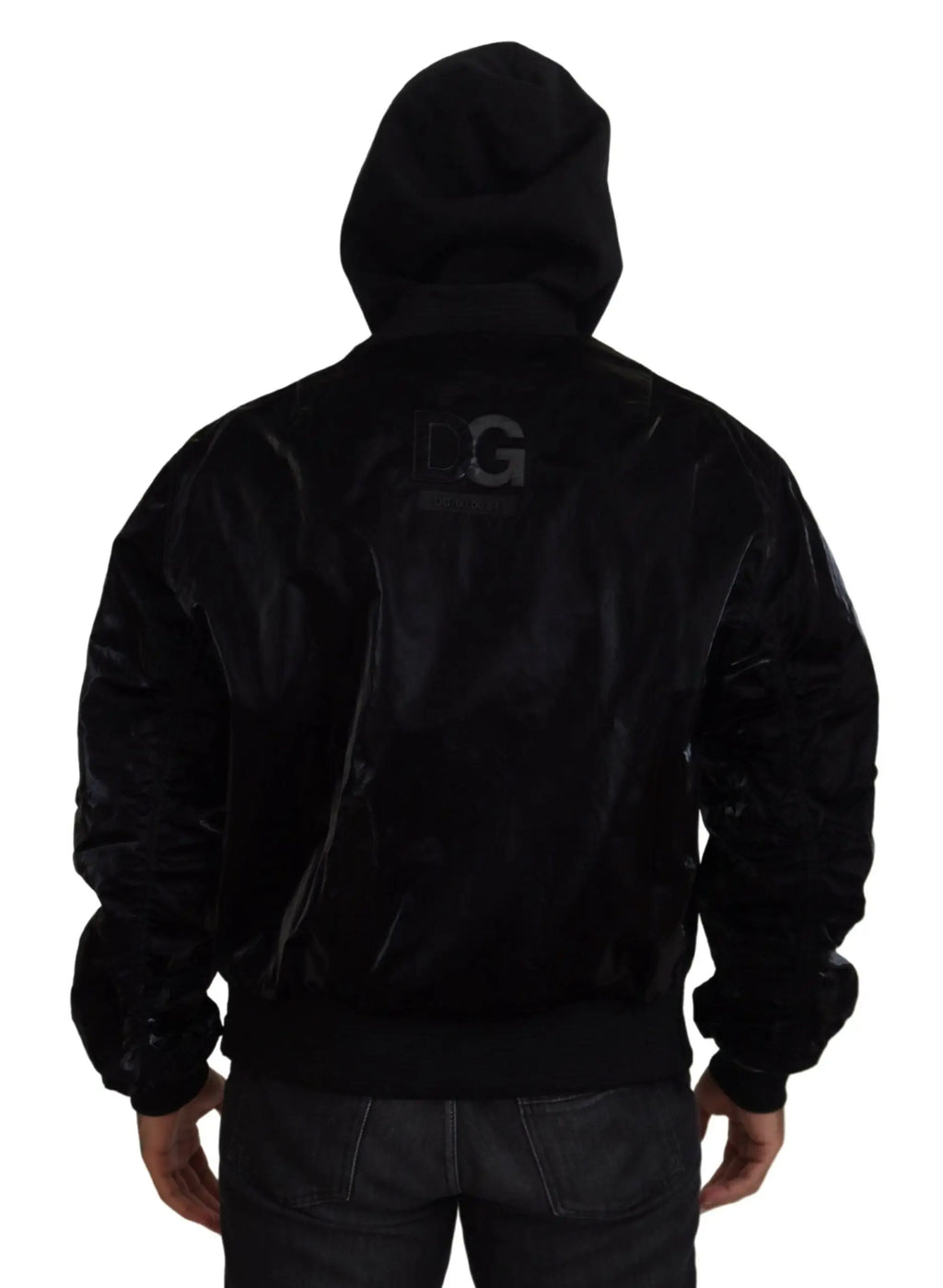 Dolce & Gabbana veste bomber en nylon noir avec capuche vue de dos et logo g gris subtil en velours