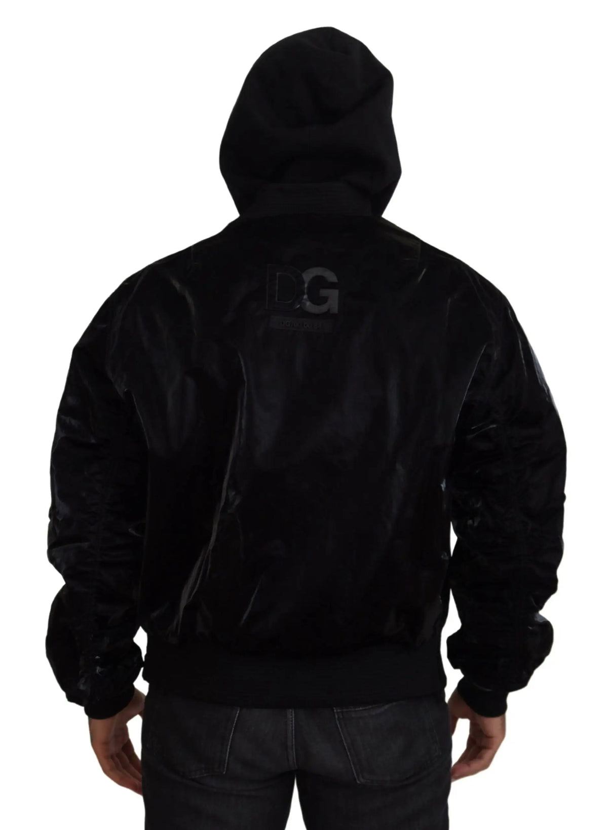 Dolce & Gabbana veste bomber en nylon noir avec capuche vue de dos et logo g gris subtil en velours