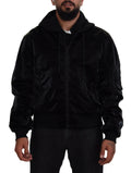 Dolce & gabbana bomber noir en velours avec capuche et fermeture éclair en nylon pleine longueur