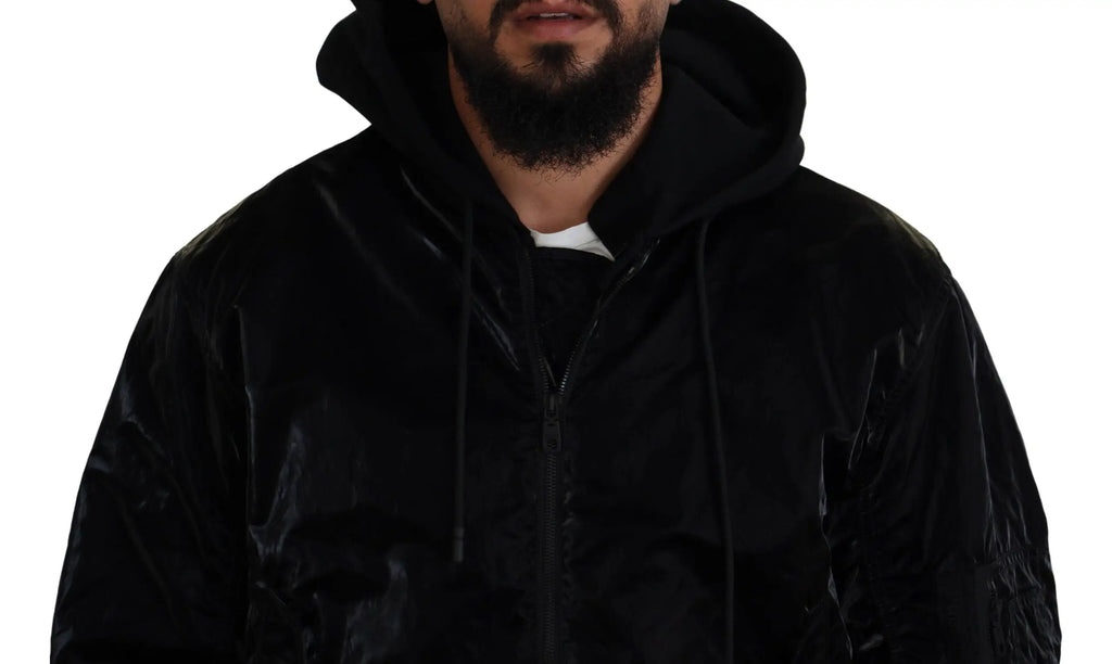 Dolce & gabbana blouson aviateur matelassé noir en nylon avec doublure en velours noir et capuche à cordons