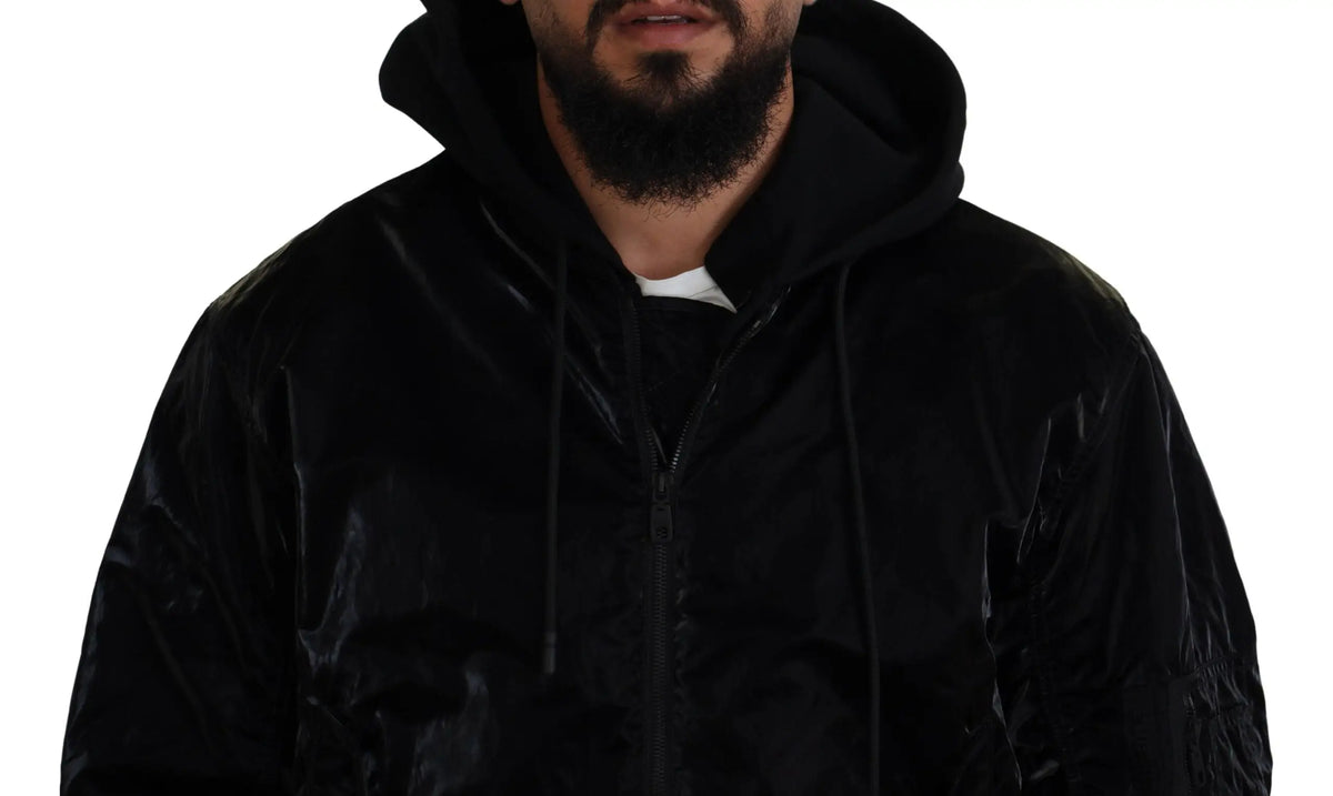 Dolce & gabbana blouson aviateur matelassé noir en nylon avec doublure en velours noir et capuche à cordons