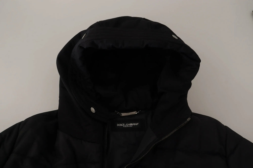 Parka noire dolce & gabbana en nylon avec capuche et boutons-pression argentés pour l’hiver