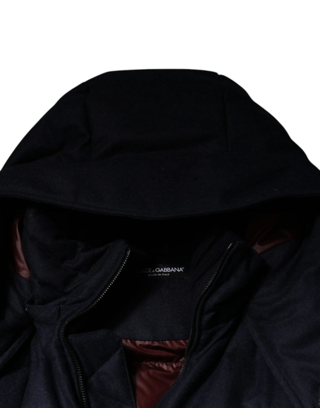 Dolce & Gabbana veste matelassée homme en nylon noir avec capuche et doublure intérieure contrastée bordeaux