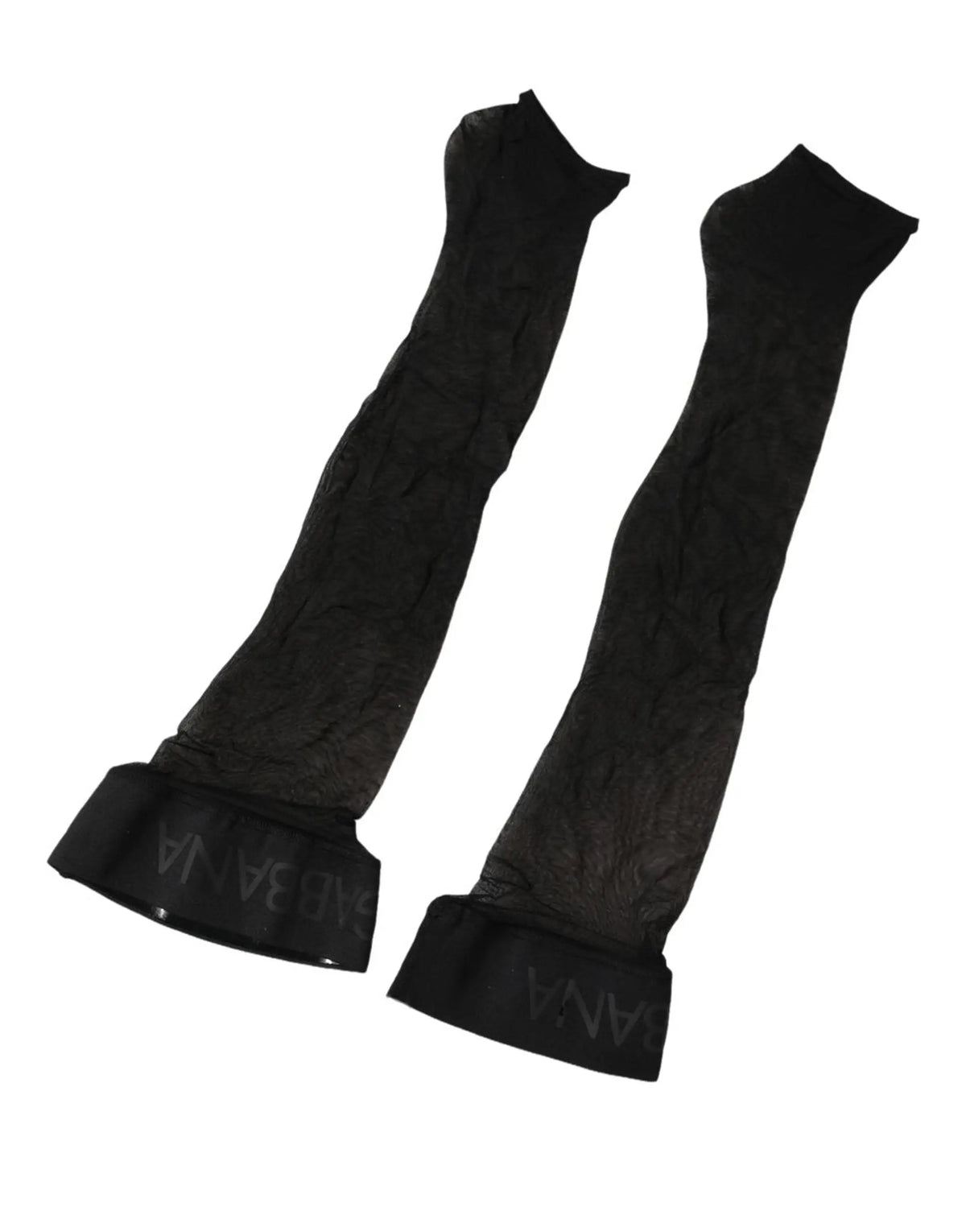 Black sheer lace arm warmers with ribbed cuff and sabania logo paired with dolce & gabbana black nylon calf long socks