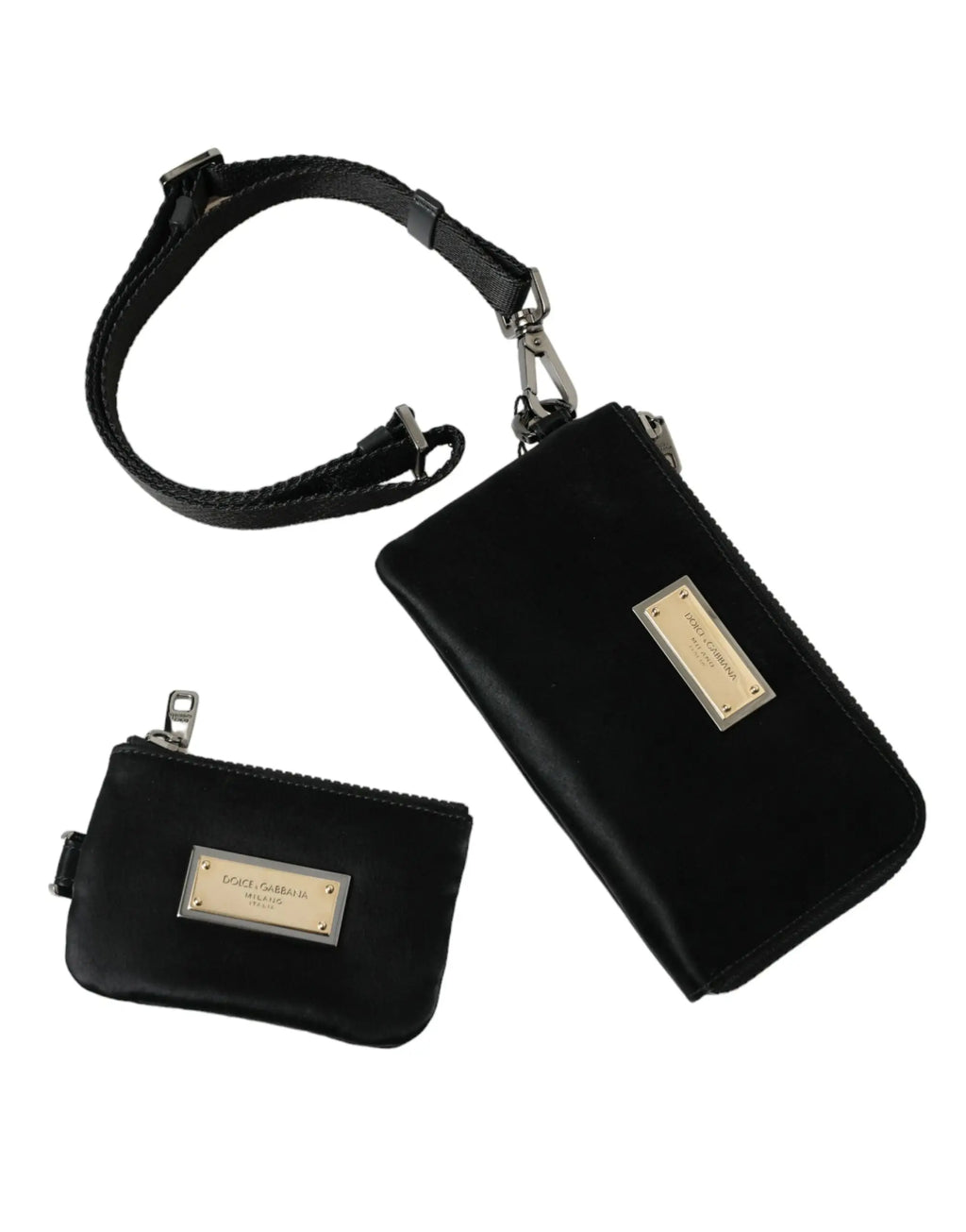 Pochettes zippées en velours noir dolce & gabbana avec plaque en métal doré et bandoulière ajustable assortie