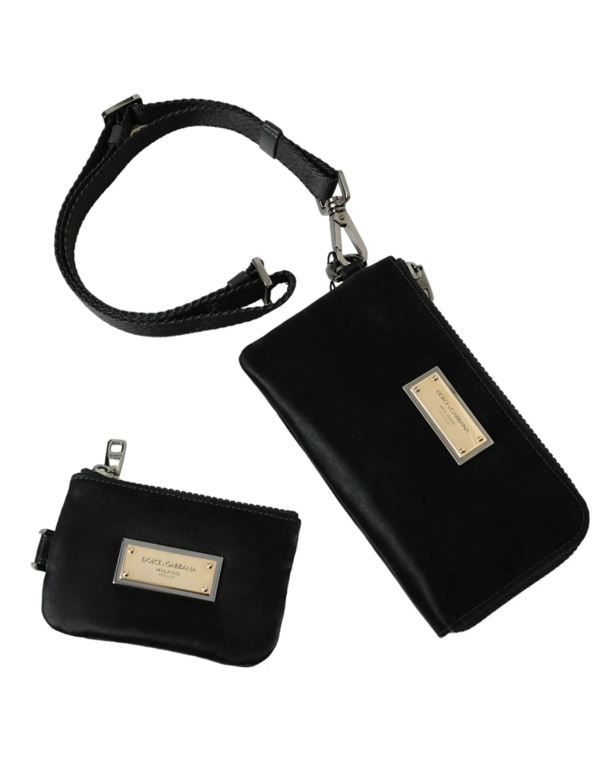 Pochettes zippées en velours noir dolce & gabbana avec plaque en métal doré et bandoulière ajustable assortie