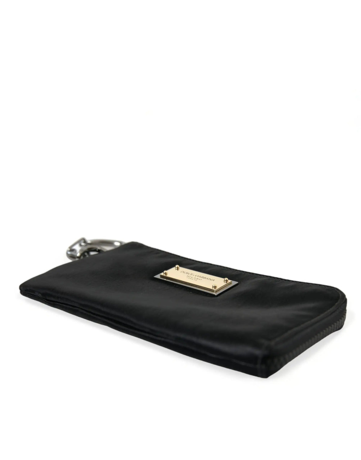 Pochette clutch noire en satin avec plaque en métal doré et porte-clés argenté dolce gabbana nylon