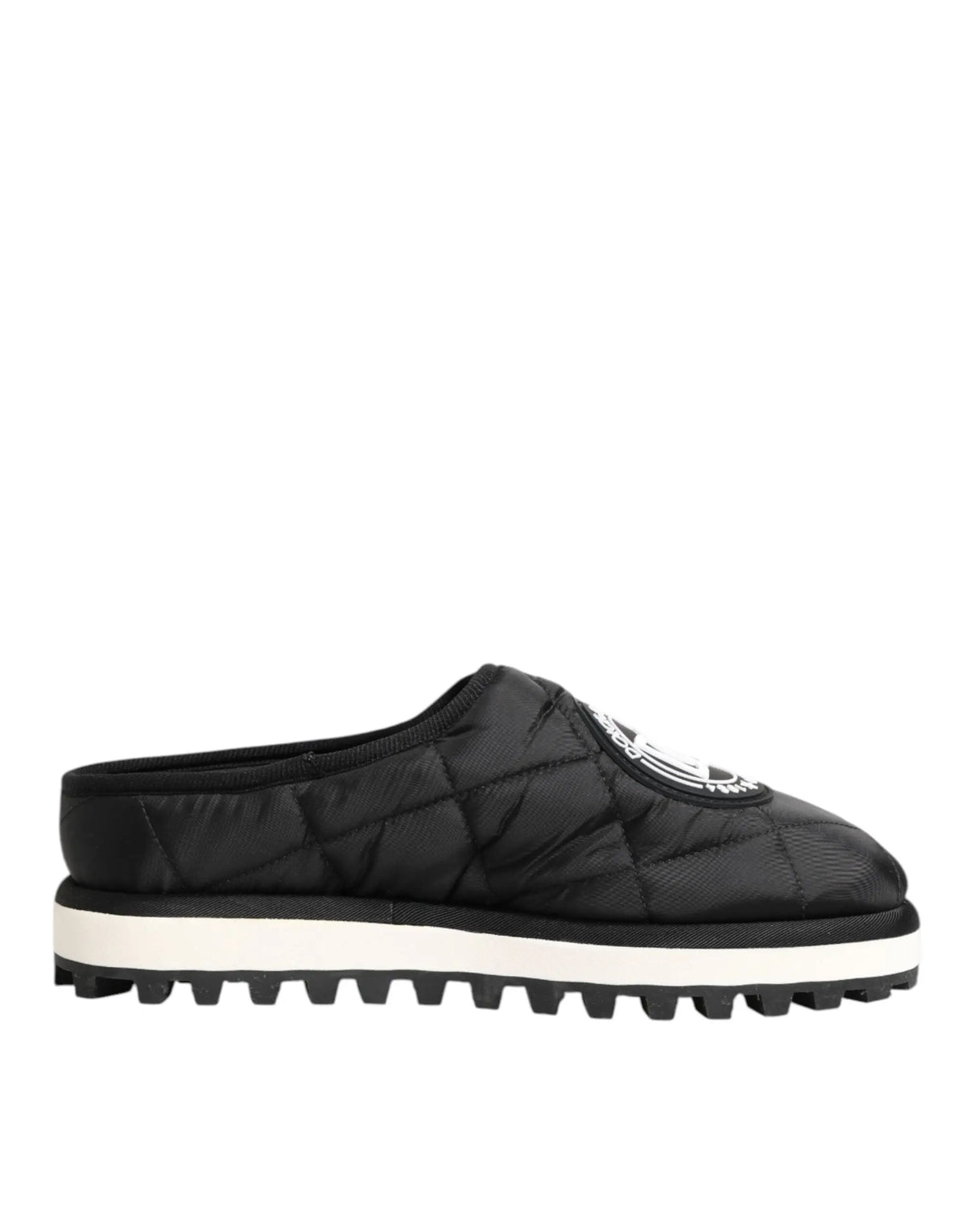 Dolce gabbana chaussures slip on basses en nylon noir matelassé avec semelle blanche et logo circulaire sur le côté