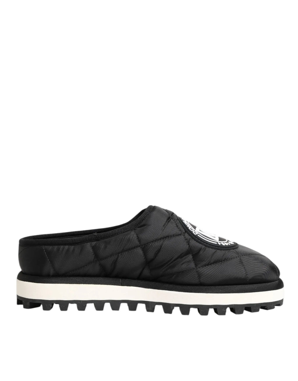 Dolce & gabbana chaussure mule slip-on noire matelassée en nylon avec semelle blanche en caoutchouc et logo circulaire