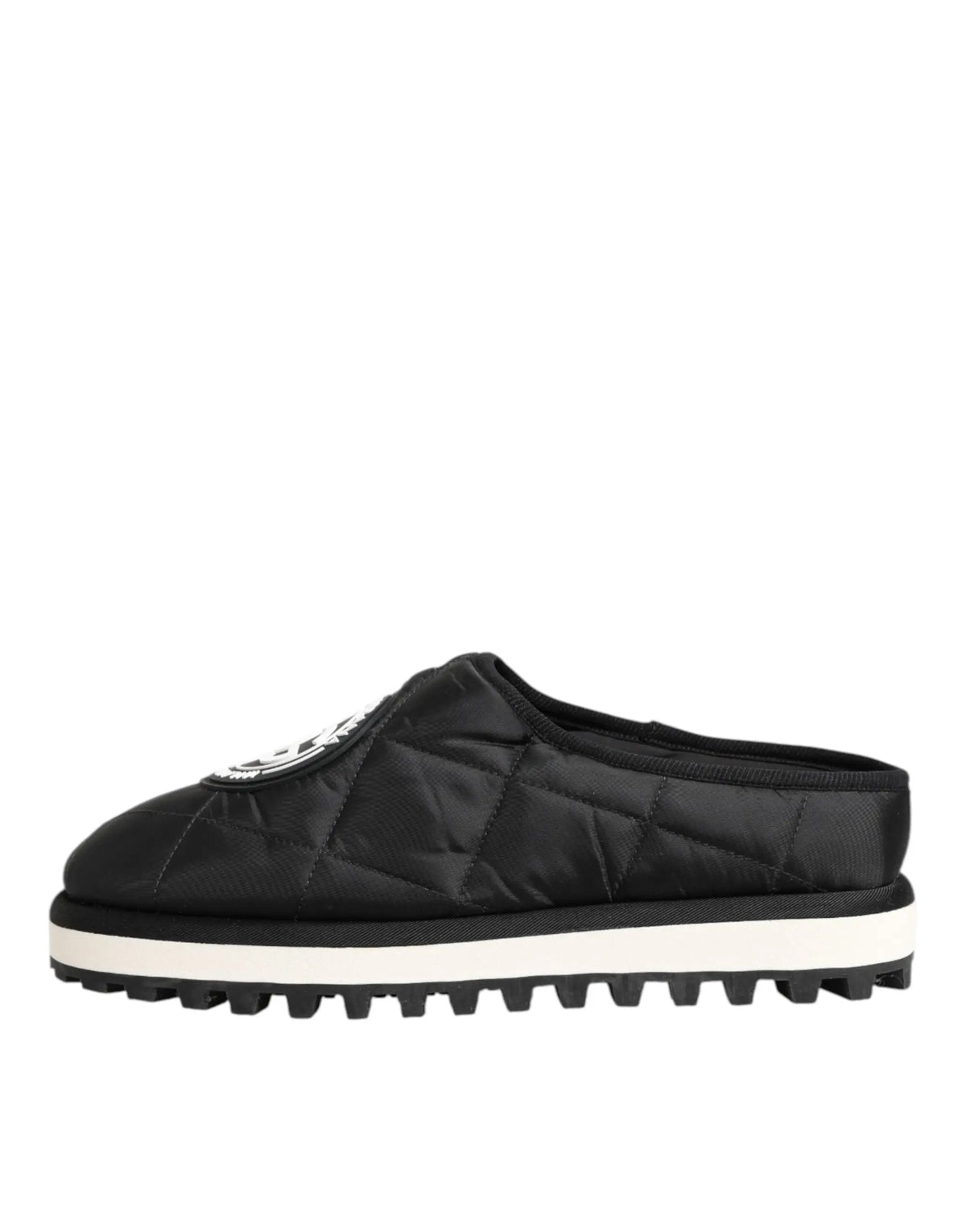 Dolce & gabbana mule noire en nylon matelassé avec semelle en caoutchouc blanc et semelle texturée