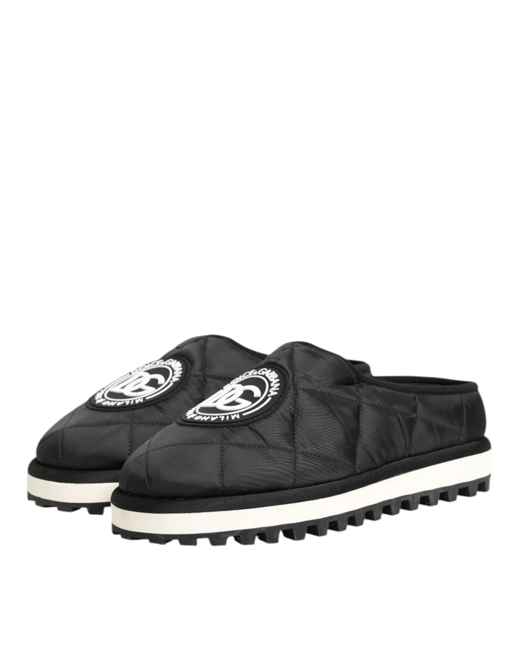 Mules slip-on noires matelassées dolce & gabbana en nylon avec semelles blanches et logos brodés d&g milan