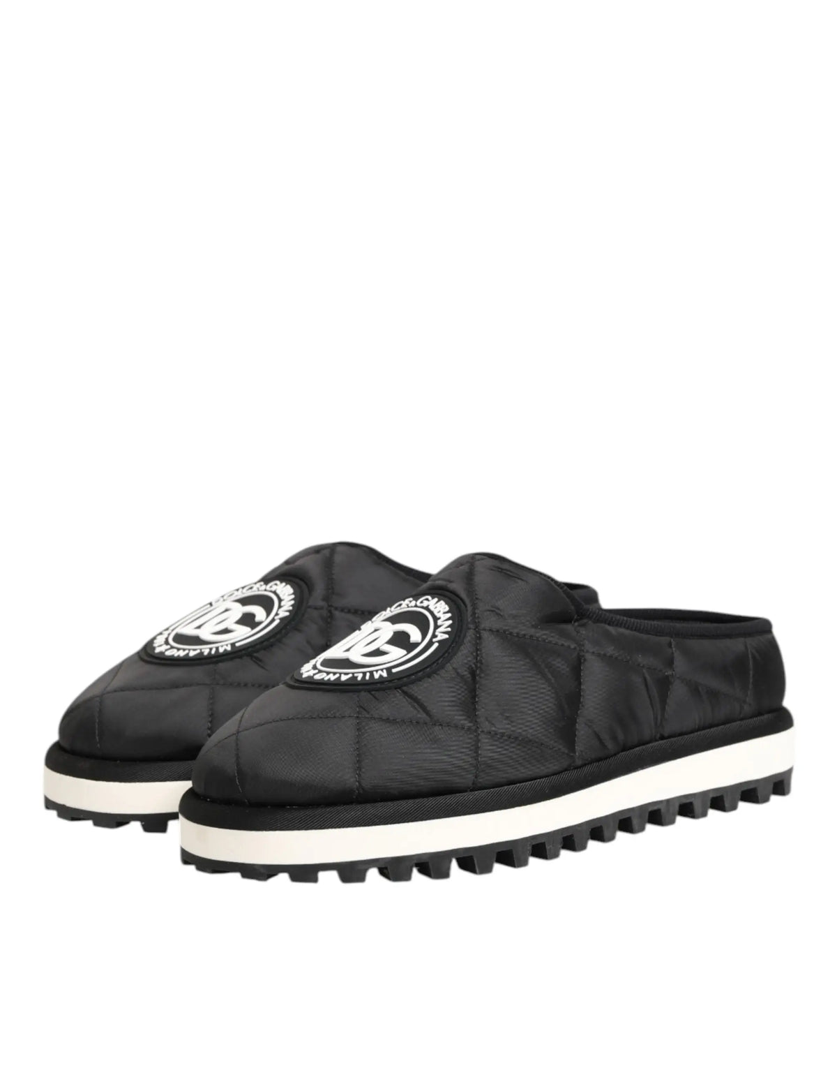 Mules slip-on noires matelassées dolce & gabbana en nylon avec semelles blanches et logos brodés d&g milan