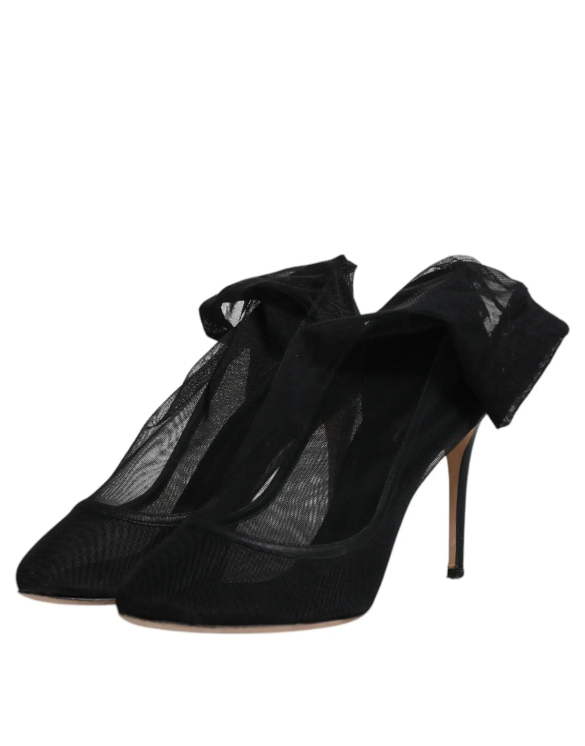 Vue arrière des bottines dolce & gabbana noires en nylon mesh avec talons et grand nœud volanté en tulle